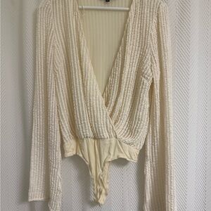 Lulu's Ivory Ribbed V-Neck Bodysuit